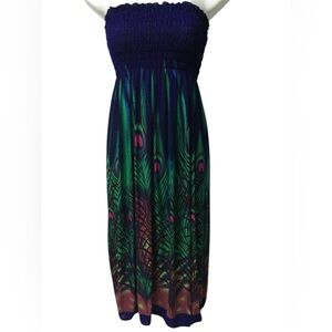 Source Unknown Blue Green Strapless Sundress smocked bodice Peacock Design XL